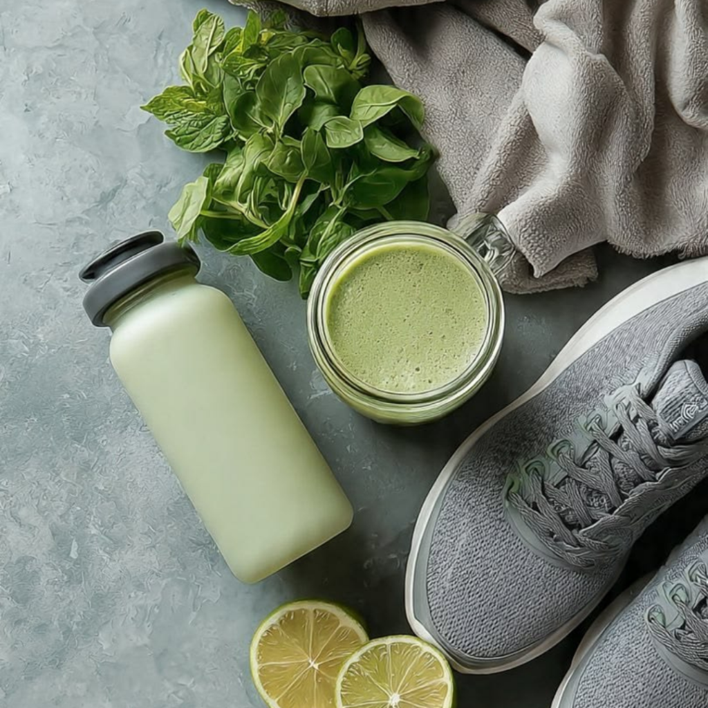 Flat lay d'une gourde, de chaussures de sport, d'un smoothie vert et d'une serviette, illustrant une routine sportive durable.