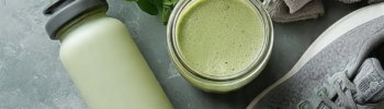 Flat lay d'une gourde, de chaussures de sport, d'un smoothie vert et d'une serviette, illustrant une routine sportive durable.