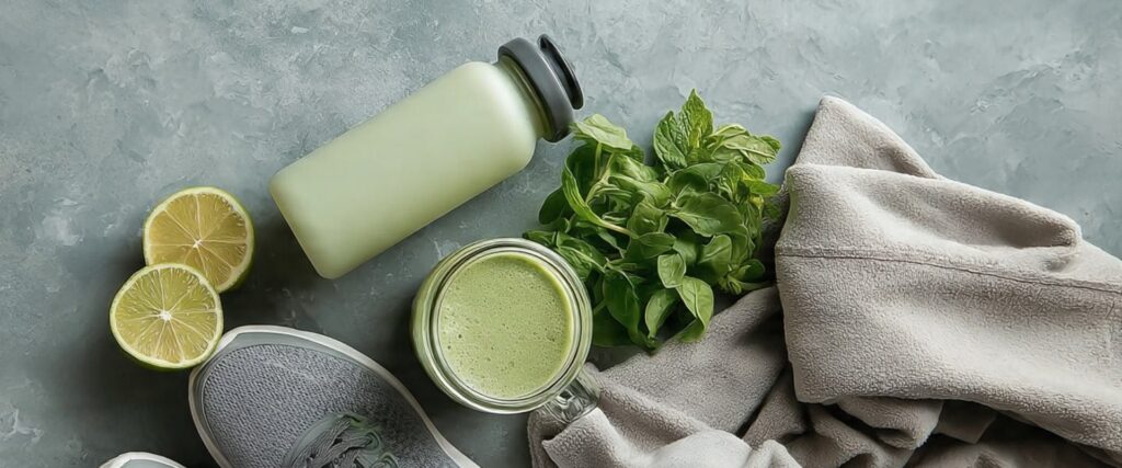 Flat lay d'une gourde, de chaussures de sport, d'un smoothie vert et d'une serviette, illustrant une routine sportive durable.