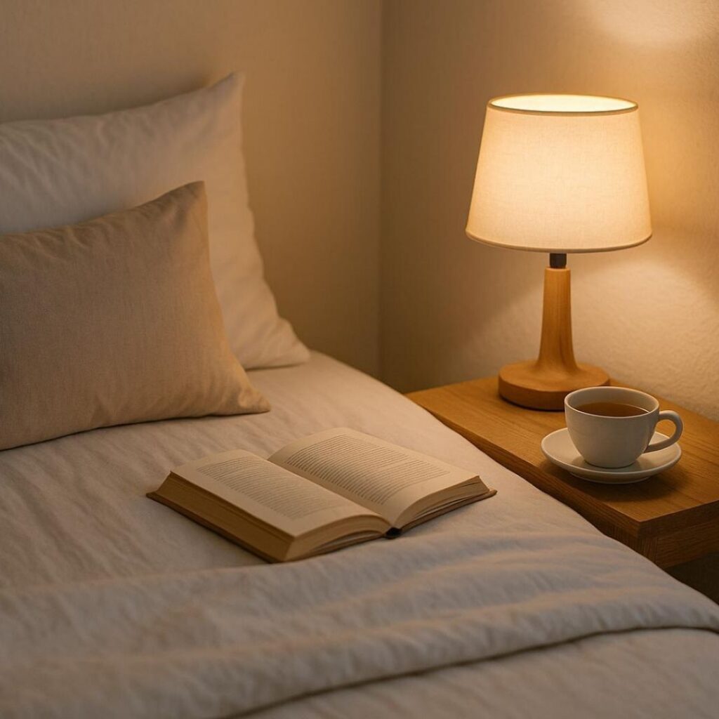 Routine du soir dans une chambre apaisante pour améliorer la qualité du sommeil et favoriser la récupération.