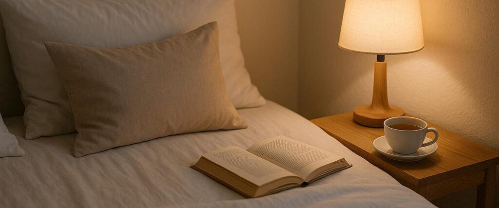 Routine du soir dans une chambre apaisante pour améliorer la qualité du sommeil et favoriser la récupération.